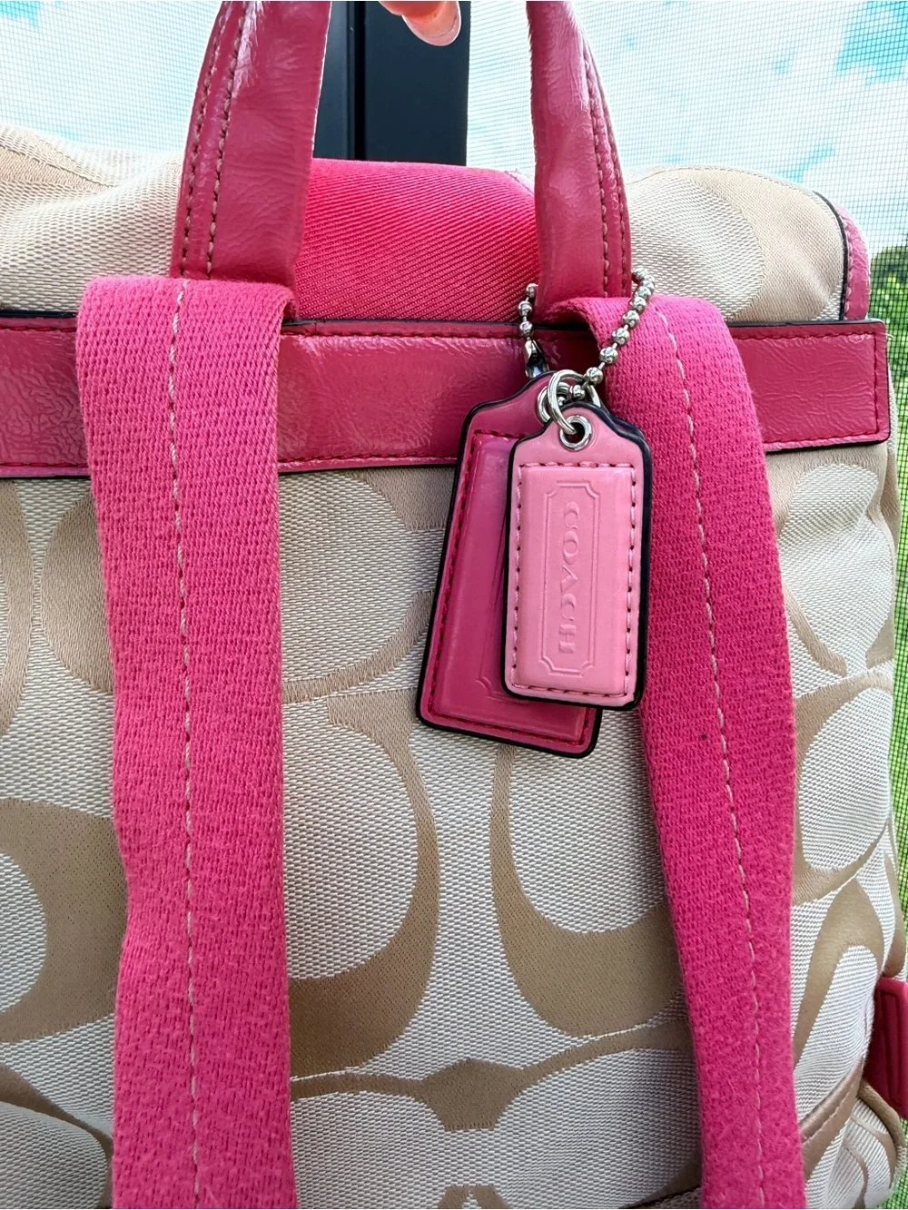 Coach F21928 Signature Stripe Backpack Khaki Pink Coral Y2K Jacquard